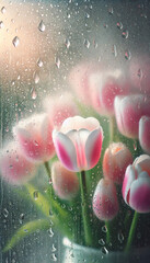 Fresh pink-white tulips with dew in soft morning light — macro floral background. Wedding invitations, greeting cards, packaging, cosmetics, spring branding, elegant feminine design.