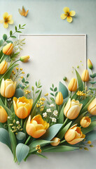 Elegant floral frame with yellow tulips and soft greenery on a pastel background. Wedding invitations, greeting cards, posters, branding, and minimalist stationery mockups.