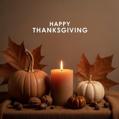 Warm Thanksgiving Still Life with Pumpkins, Candlelight, and Autumn Leaves in Soft Tones