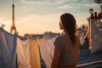 Woman with brown hair stands on rooftop, gazing at sunset over city skyline, with laundry hanging on lines, capturing a serene moment of reflection and beauty