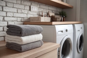 Soft, neatly stacked towels in gray and white on a wooden countertop, with modern washing machines and a stylish brick wall in the background, enhancing laundry room aesthetics