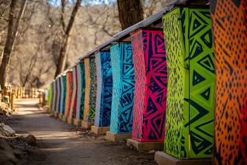 Colorful Decorated Posts Lining Pathway in Sunny Outdoors. Mock up promotion information for marketing announcements and details, blank white space.