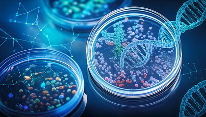 Stunning close-up of petri dishes containing vibrant cell cultures, overlaid with a striking DNA strand.