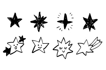 手描き風の星アイコンイラストセット、かわいい表情や流れ星を含むシンプルでスケッチ風のモノクロデザイン素材
