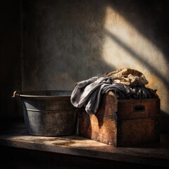 Vintage wooden box filled with folded clothes beside a metal basin, illuminated by soft sunlight streaming through a window, creating a warm and nostalgic atmosphere