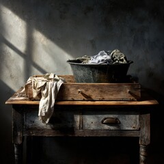 Vintage wooden table with a rustic basin filled with laundry, surrounded by soft natural light, creating a warm and inviting atmosphere for domestic scenes