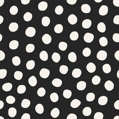 Polka dot, seamless pattern. Abstract endless texture, background, repeating print with circles, spots in random chaos, mess for modern fashion style textile, wrapping. Flat vector illustration.