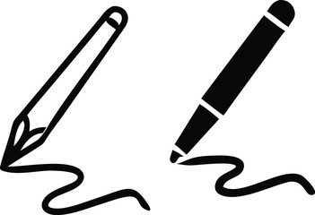 Illustration of two different pens, one with a fountain nib and the other with a marker tip, both drawing a wavy line, isolated on white background, perfect for writing or drawing concepts