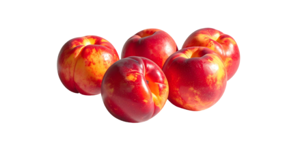 Five ripe nectarines, red-blushed skin, yellow undertones, clustered together against a black background, showing subtle variations in color and texture