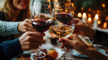 Group of people gathered at dining table, autumn season feast, wine glasses lifted, golden candlelight and rustic seasonal atmosphere