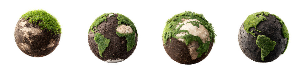 Fototapeta premium Conceptual Earth Globes: Growing Moss & Environmental Awareness on White Background