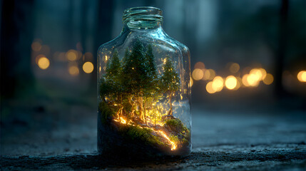 A surreal forest inside a glass bottle, glowing magical atmosphere