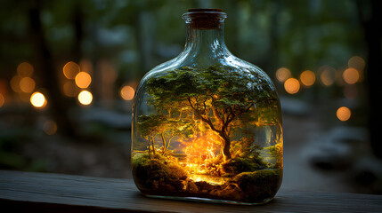A surreal forest inside a glass bottle, glowing magical atmosphere