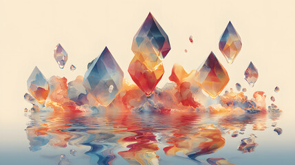 A surreal balance of floating crystal shapes dissolving into watercolor-like gradients