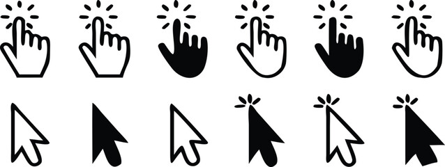 Transparent PNG available Computer mouse click cursor arrow icons set. Clicking cursor. Hand cursors icons click set. Pointer click icon. Loading icon 
