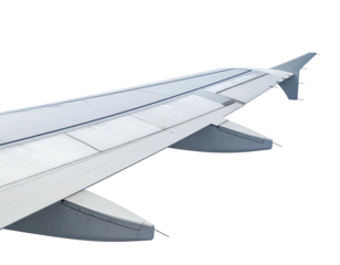 Airplane wing detail; sleek, white surface, multiple flaps, ailerons, and winglet visible against dark background