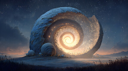 A surreal spiral galaxy turning into a giant seashell, fantasy illustration