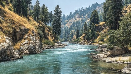 Serene river winding through a lush mountain valley