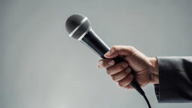 Confident professional holds microphone ready to speak, conveying authority and clear communication for presentations or interviews