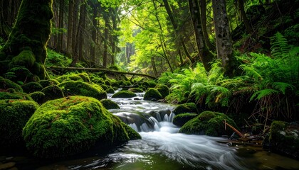 Lush green forest stream
