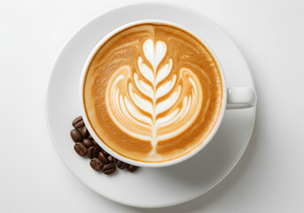Overhead view of a perfectly crafted latte with intricate milk art and coffee beans on a saucer