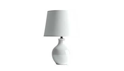 Simple white ceramic table lamp with a cylindrical shade, featuring a slightly bulbous base