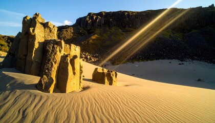 Cinematic landscape photo of a basalt dike cutting pale scree with a thin sun slot painting a diagonal highlight across stone for minimalist geology mood.