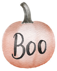 Watercolor pumpkin with 'boo' text on transparent background.