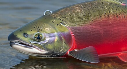 Close up of a vibrant sockeye salmon with red body and green head.