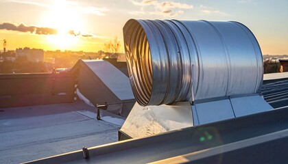 A metallic industrial vent sits atop a building, capturing the late afternoon sun. Soft light filters inside the curved metal. The rooftop reveals buildings and sky