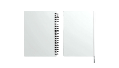 A blank, white spiral-bound notebook lies open, showcasing pristine, unlined pages; its cover is closed and adjacent