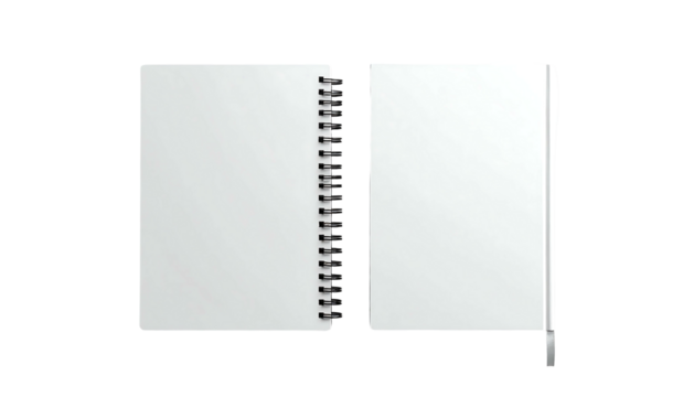 A blank, white spiral-bound notebook lies open, showcasing pristine, unlined pages; its cover is closed and adjacent