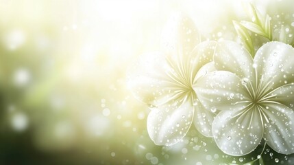 Elegant white plumeria flowers with water droplets creating a serene atmosphere