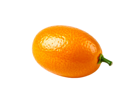 A single, ripe kumquat, oblong and slightly asymmetrical, displays a glossy, orange peel textured with tiny pores.  A short, green stem is attached at one end