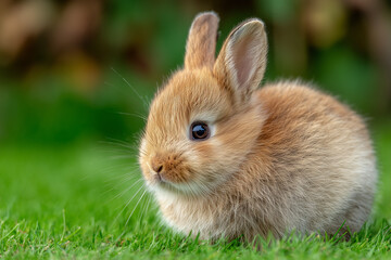 Fototapeta premium Cute baby bunny sitting outdoors with soft fur and green background 