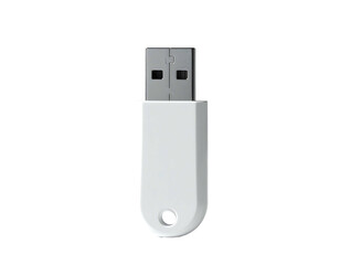 White USB flash drive with rounded edges, metallic connector, and small hole at the bottom