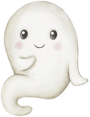 Watercolor illustration of a friendly ghost on transparent background.