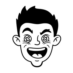 Manic cartoon character head with Xeyes and a wide open mouth depicted in a bold black and white line art style.