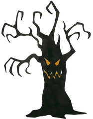 Spooky tree with orange eyes for halloween on transparent background.