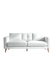 A clean-lined, white fabric sofa with light wood legs, showcasing simple, modern design