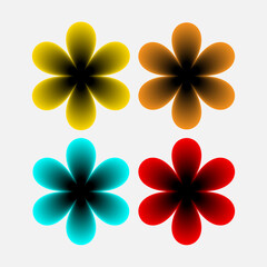 Four vibrant stylized flowers in different colors on a white background