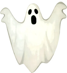 Watercolor illustration of a white ghost on transparent background.