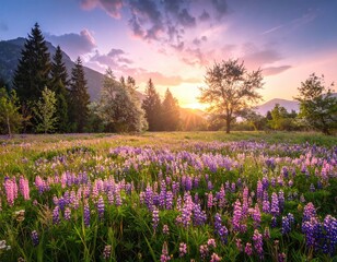 Obraz premium Lush meadow bursts with lupines at sunset