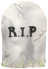 Watercolor tombstone with "RIP" text on transparent background.