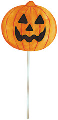 Watercolor pumpkin lollipop on transparent background.