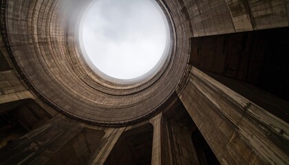 Cinematic industrial photo inside a cooling tower, hyperbolic ribs fading into mist as side light carves depth, monumental symmetry and austere calm.
