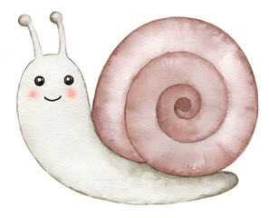 Watercolor cartoon snail with pink shell on transparent background.