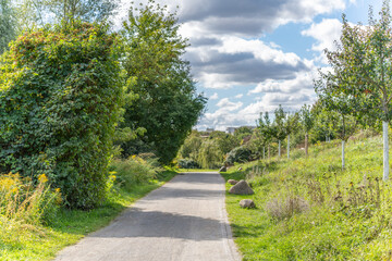 Path Through Nature. A narrow path leads through a green landscape with trees and bushes. The sky is partly cloudy.