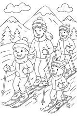Family Skiing - Coloring Page for Kids