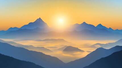 Serene Mountain Range Landscape with Golden Sunrise and Foggy Valley